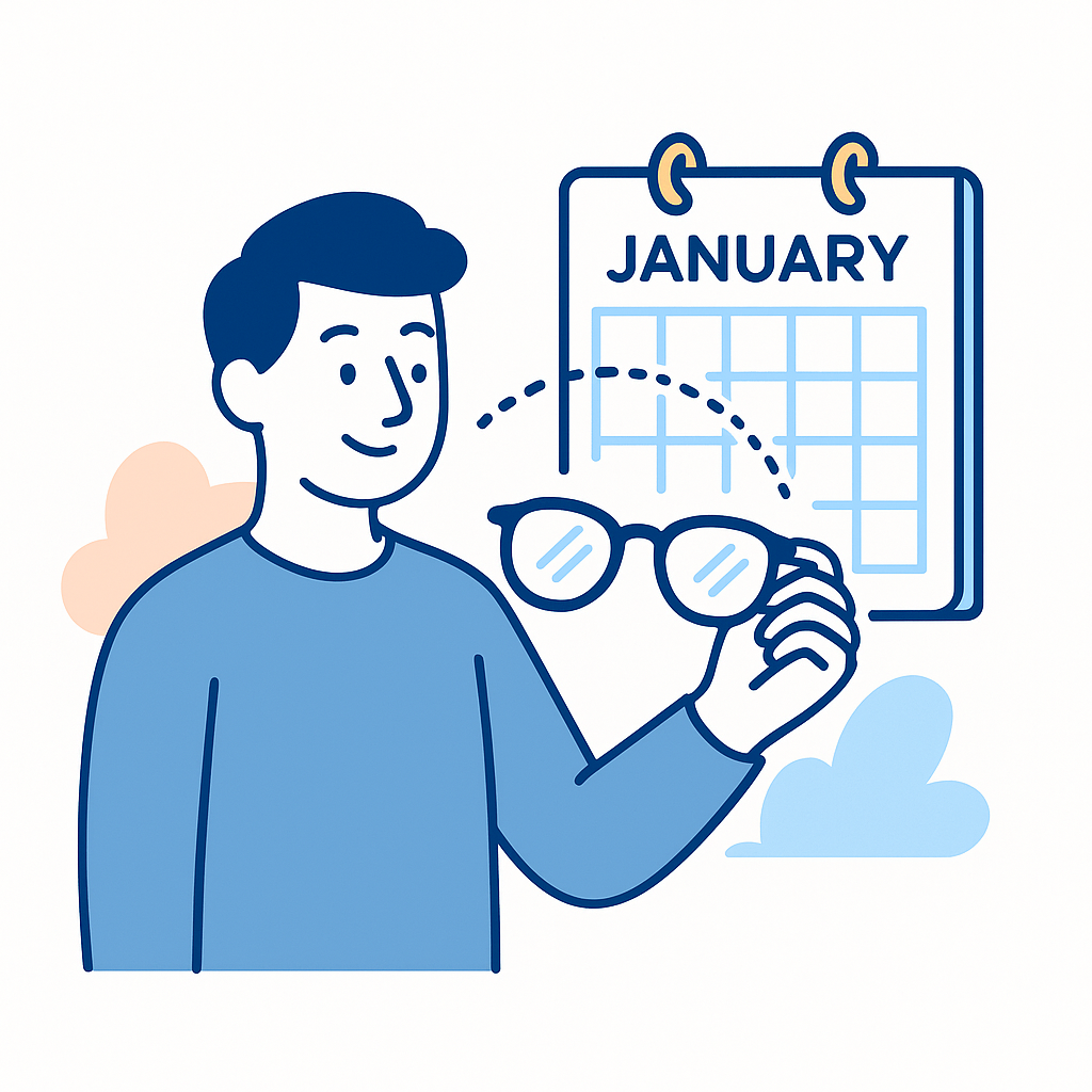 Illustration of a person holding eyeglasses beside a January calendar, symbolizing the best time to buy new glasses in January.