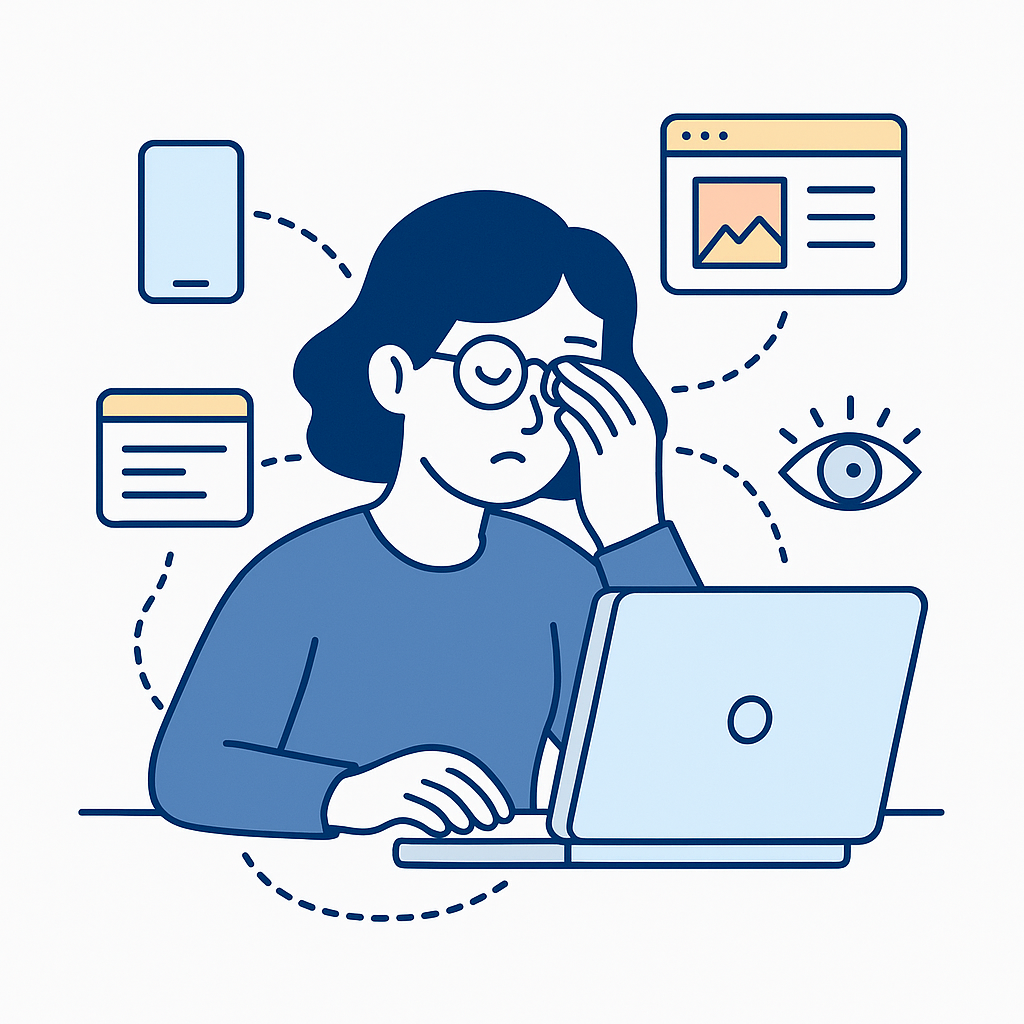 Person wearing glasses at a laptop surrounded by device icons, representing increased screen time and eye strain in January.