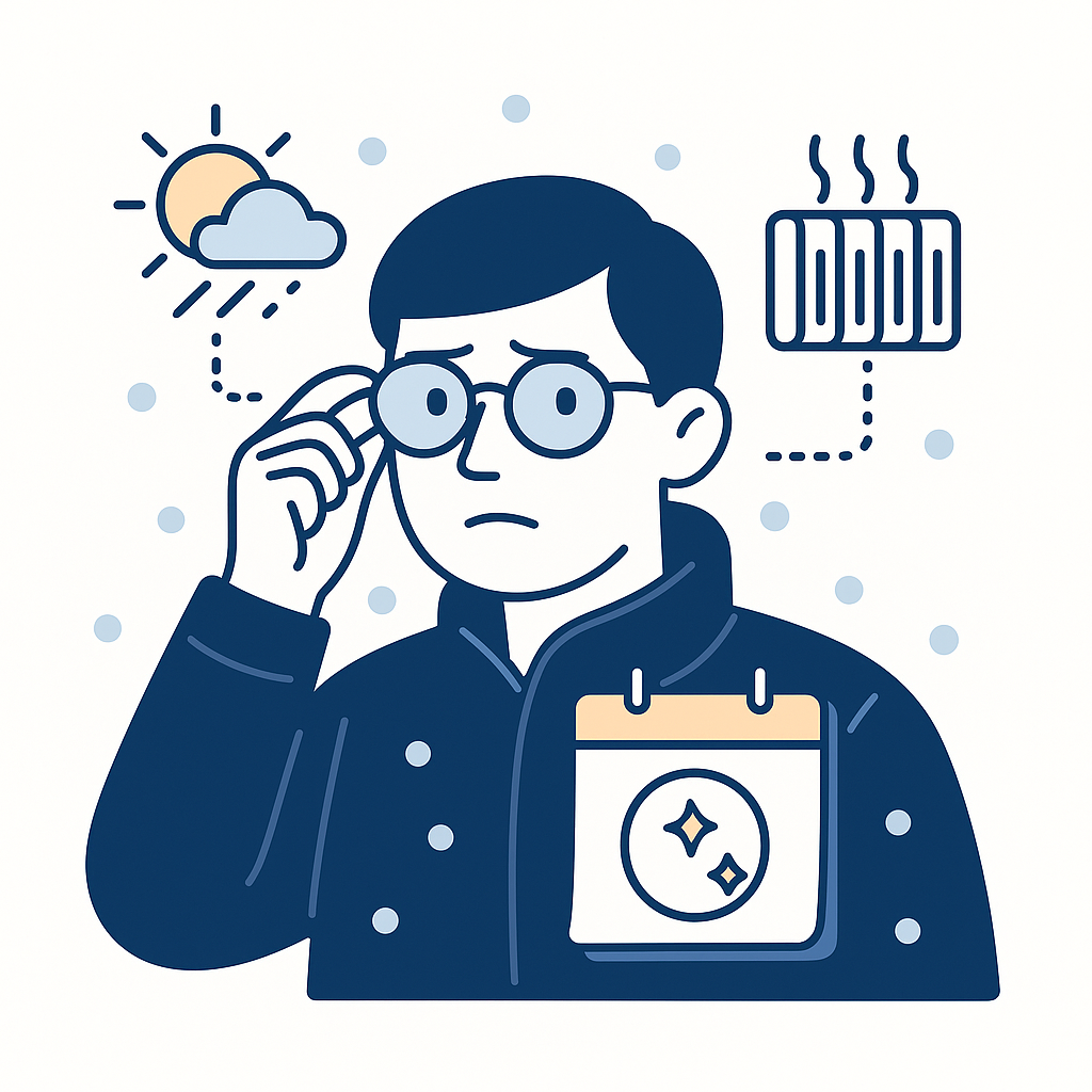Person in a winter setting adjusting glasses with icons of sun glare and dry heat, illustrating seasonal impacts on vision comfort.