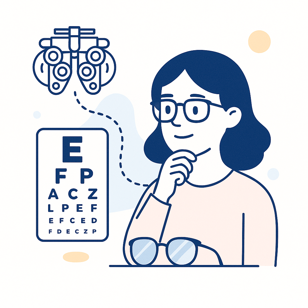 Figure with eye chart and optometry equipment reflecting a proactive eye health exam and updated prescription in January.