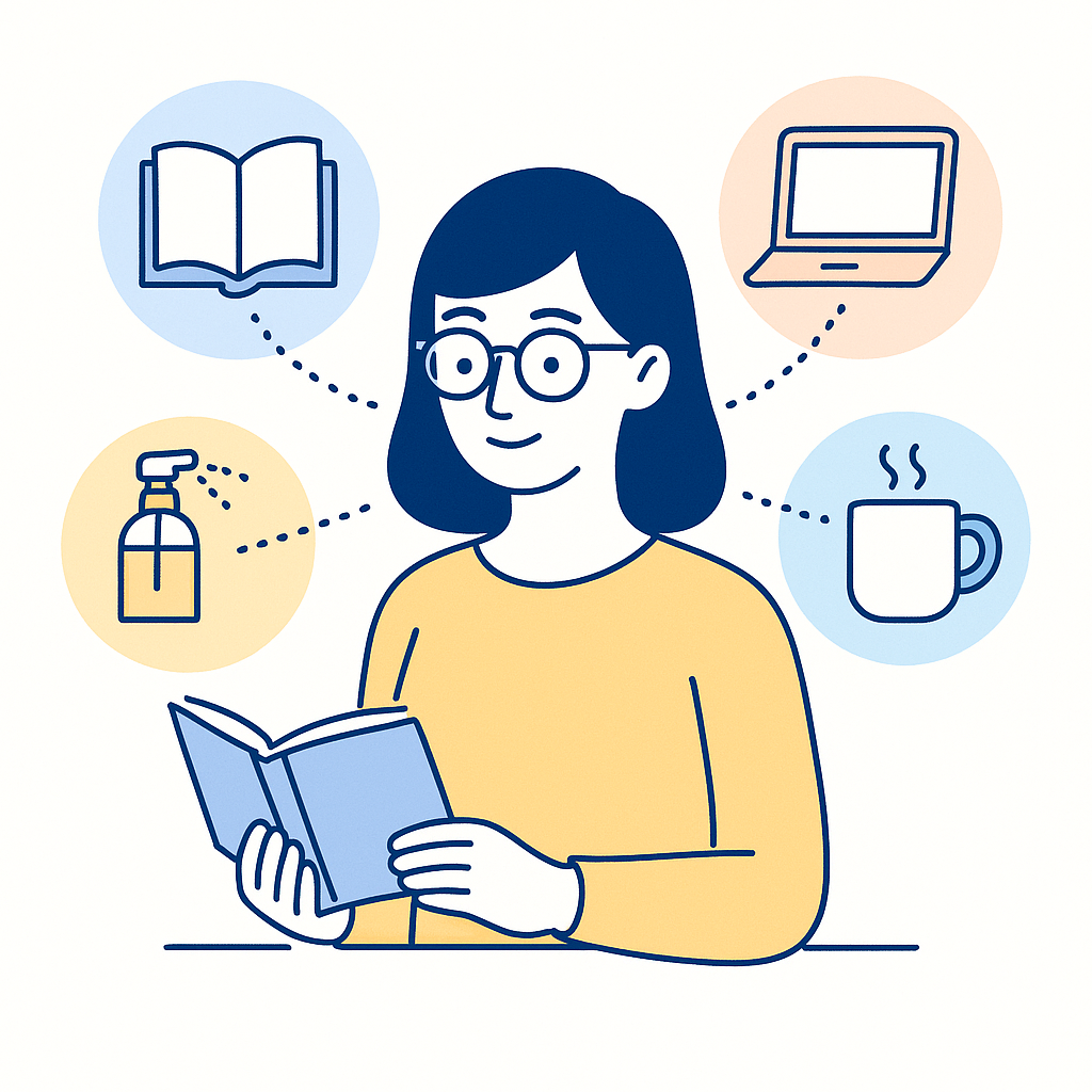 Person with new glasses reading, cleaning lenses, and using a laptop, with dotted lines linking to icons of healthy eyewear habits.