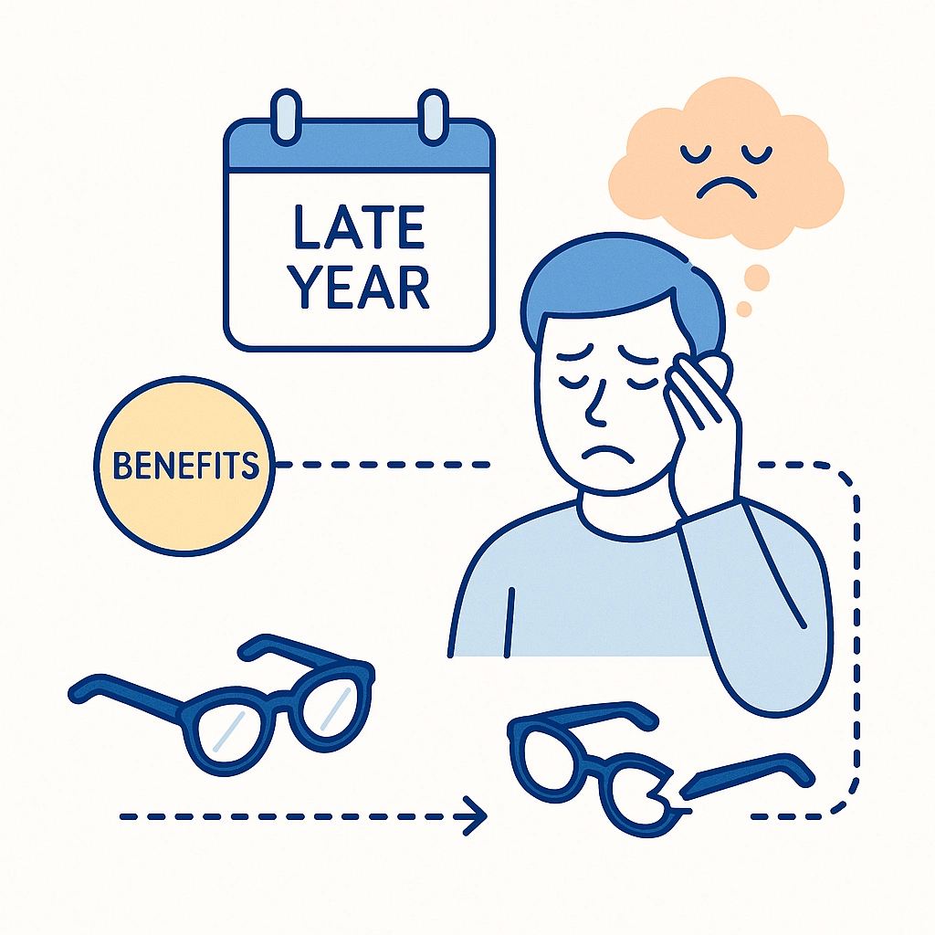 Late‑year timeline with benefits running out, broken glasses and a stressed person illustrating why delaying purchases backfires.
