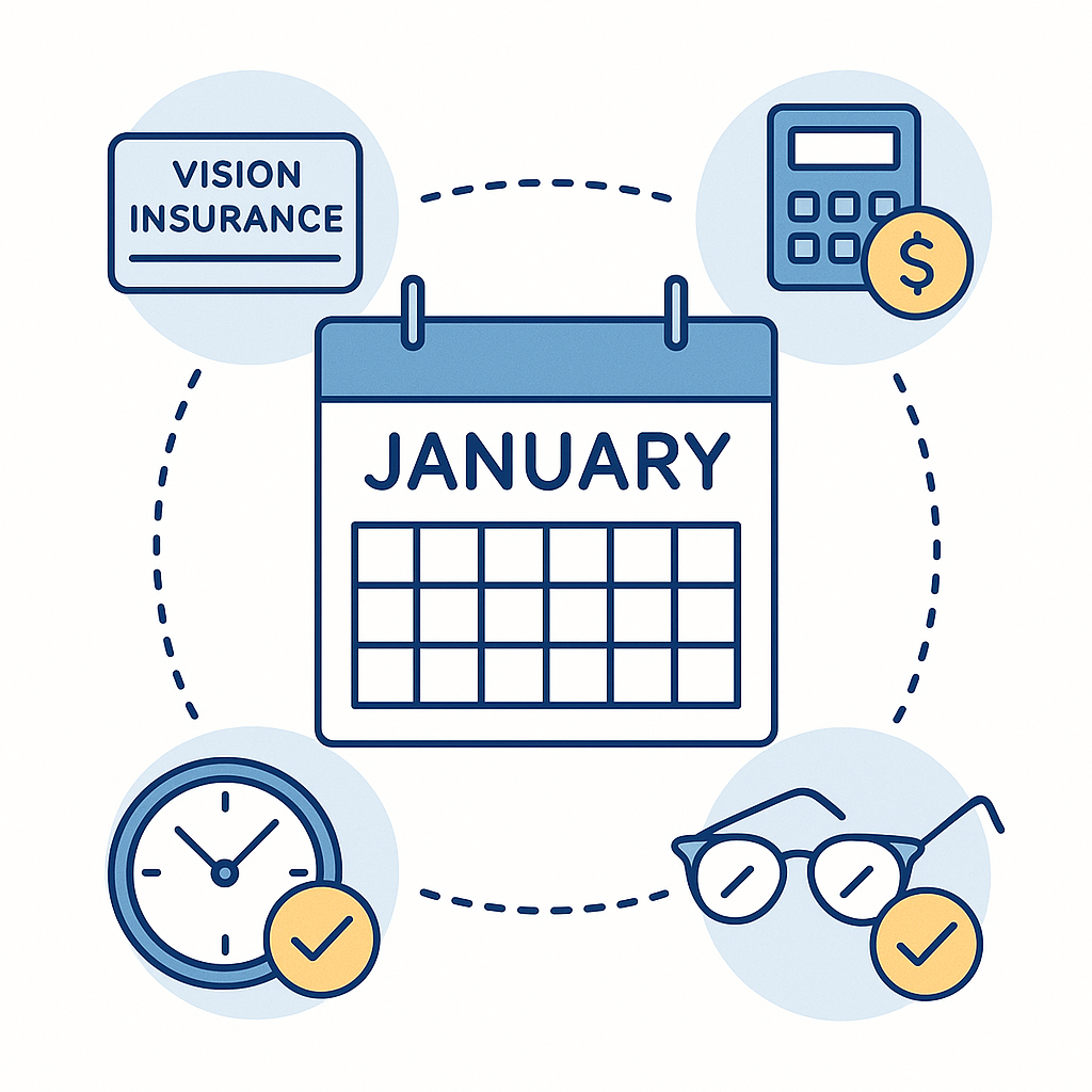 Central January calendar surrounded by icons for insurance, budgeting, routines and glasses, summarizing why January is ideal for eyewear purchases.