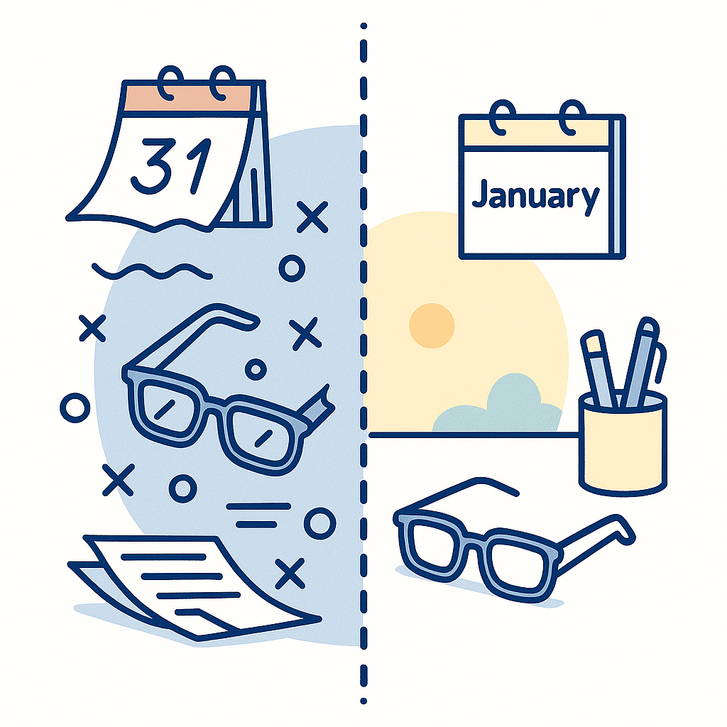 Split‑screen image showing messy late‑year clutter and a neat January workspace with glasses to depict a natural reset for vision care.