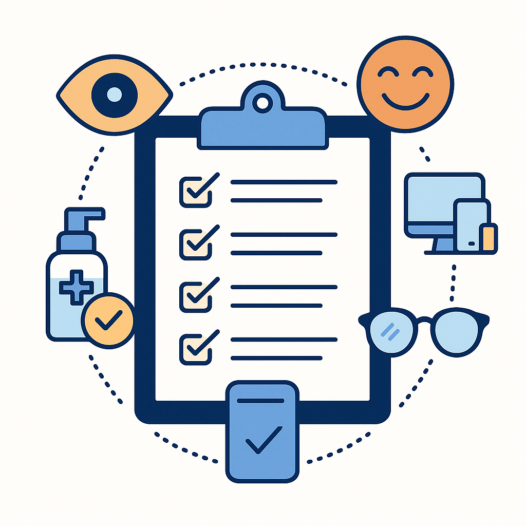 Central clipboard checklist surrounded by icons for eye health, devices, glasses, and cleaning, representing a January eyewear buying checklist.