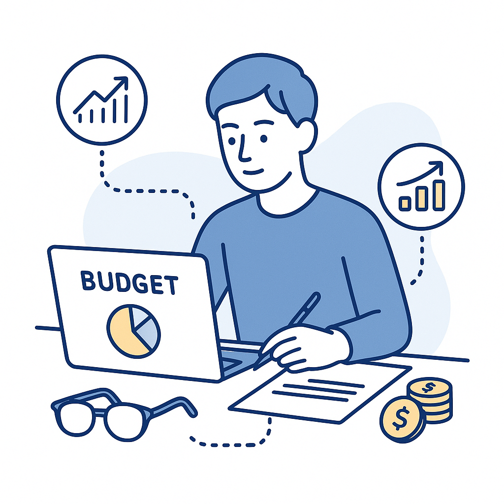 Person reviewing a budget with charts and glasses nearby, illustrating how buying glasses fits into smart budgeting decisions.