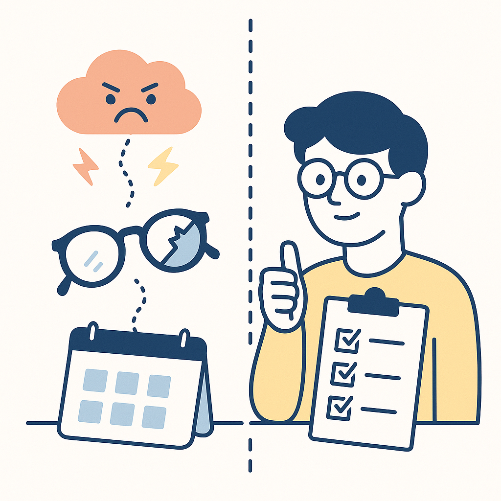 Split‑screen showing broken glasses causing stress and a calm person with a checklist, contrasting emergency and planned glasses purchases.