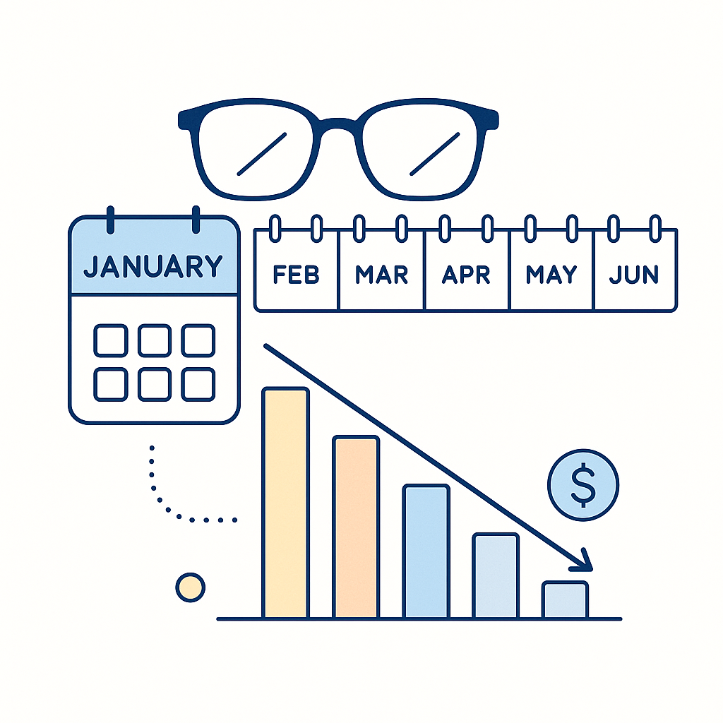 Timeline with months and a decreasing bar chart showing how buying glasses in January spreads cost and maximizes value.