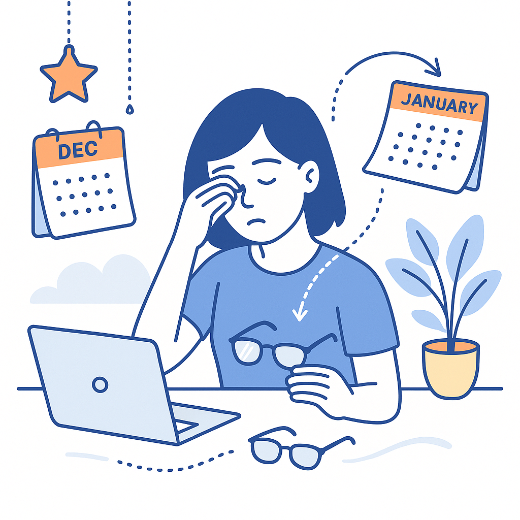 Person rubbing eyes as December decorations fade and January routines begin, revealing comfort issues after the holidays.