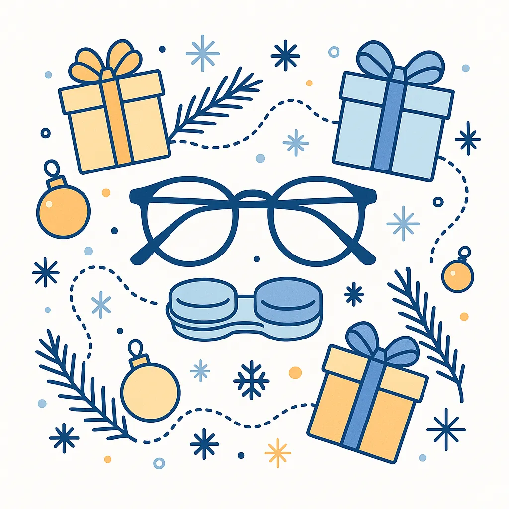 Minimalistic holiday illustration featuring eyeglasses, contact lens cases, gift boxes, pine branches, and ornaments on a white background.