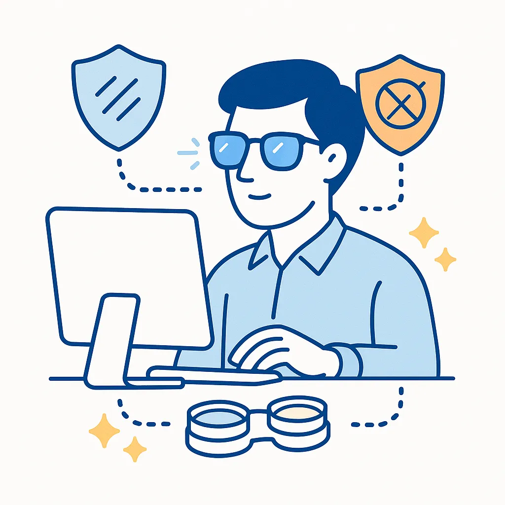 Person at a computer wearing blue‑hued lenses, with shield icons blocking harmful light and UV rays connected by dotted lines.