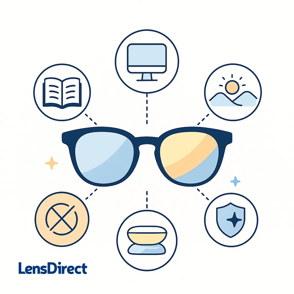 Classic glasses with gradient lenses showing reading, computer, and distance zones surrounded by icons for coatings and scratch resistance.