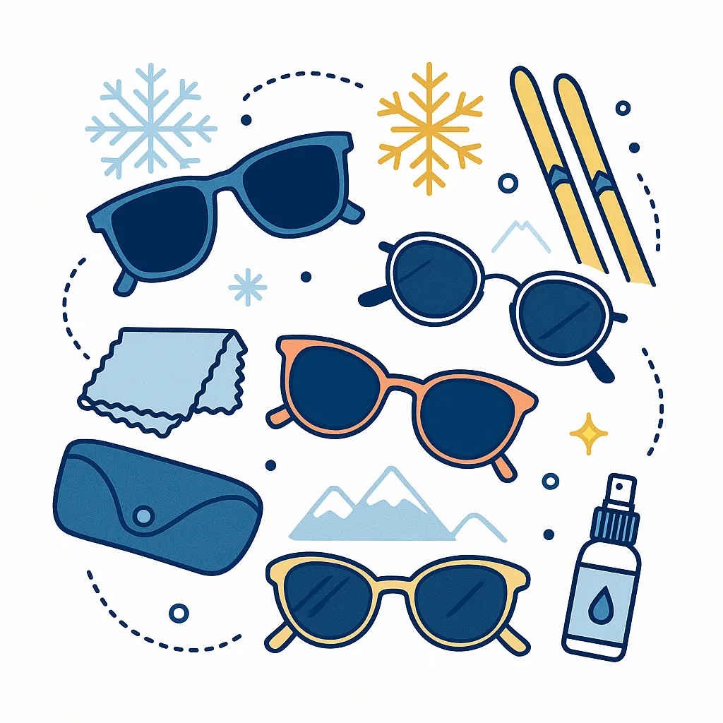 Collection of wayfarer, round, and cat-eye sunglasses with winter sports elements, cloth, case, and spray arranged around dotted lines.