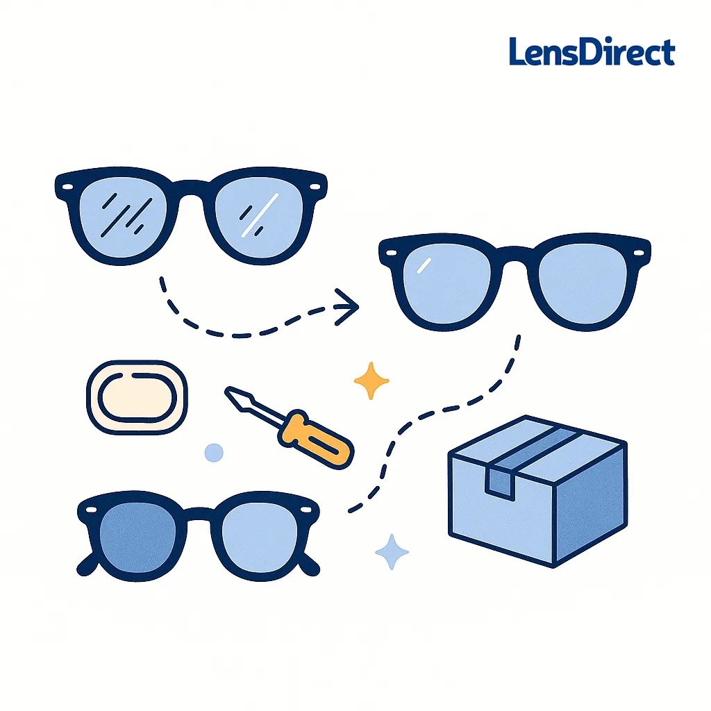 Scratched sunglasses being transformed into new ones with a toolkit and shipping box connected by arrows and dotted lines.