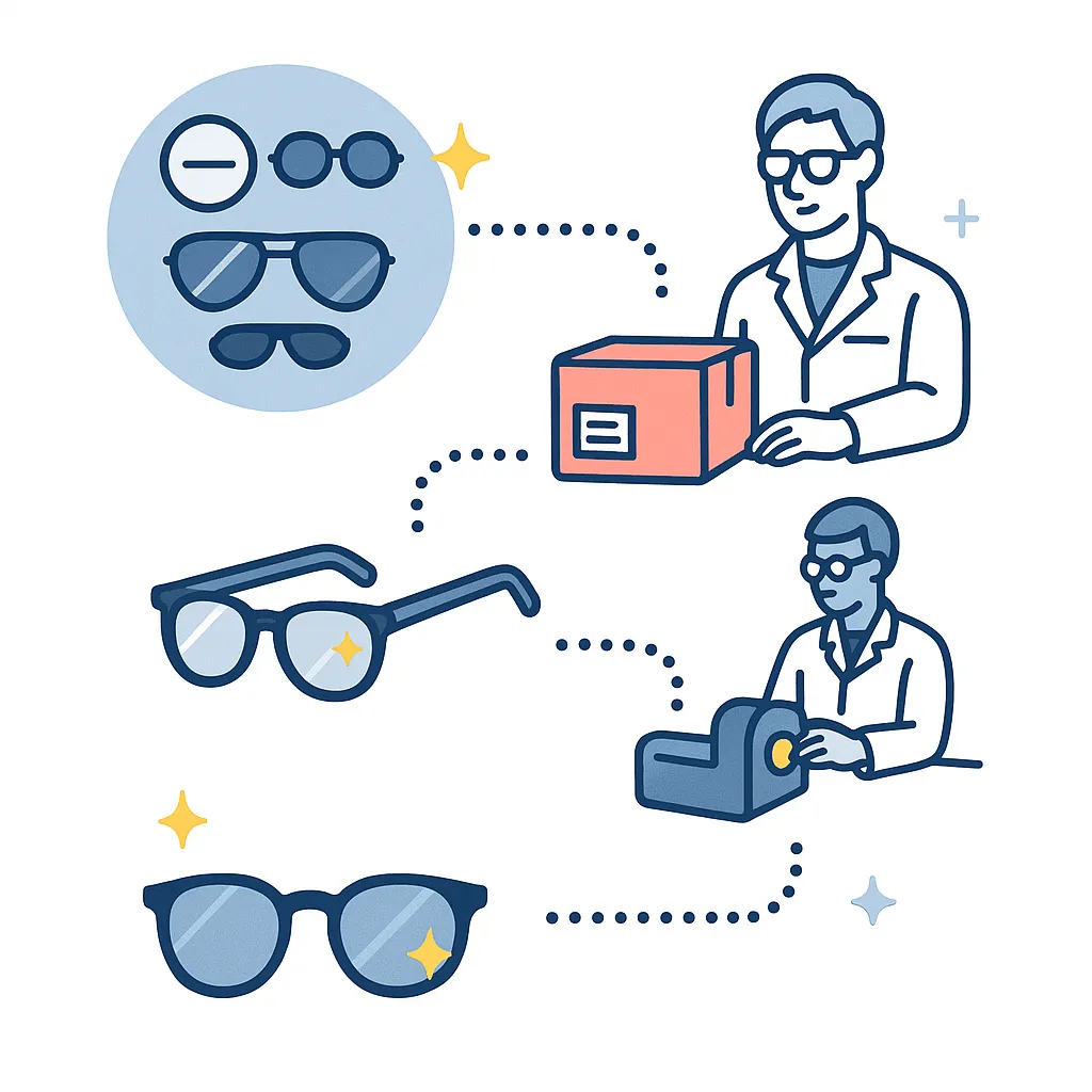 Infographic showing choosing lens types, mailing frames, lab cutting lenses, and receiving restored glasses linked by dotted paths.