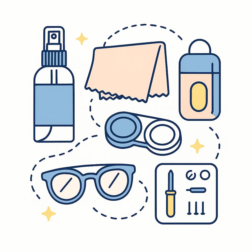 Flat-lay of cleaning spray, cloth, unlabeled contact case, travel container, glasses, and repair kit connected with dotted lines and stars.