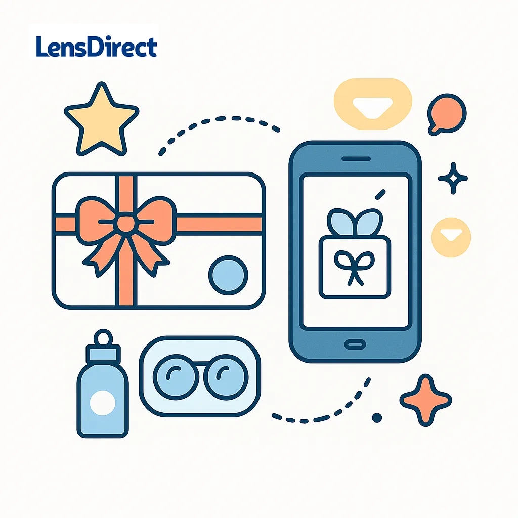 Depiction of a ribbon-wrapped gift card next to a smartphone displaying a digital card with festive icons and dotted connections.
