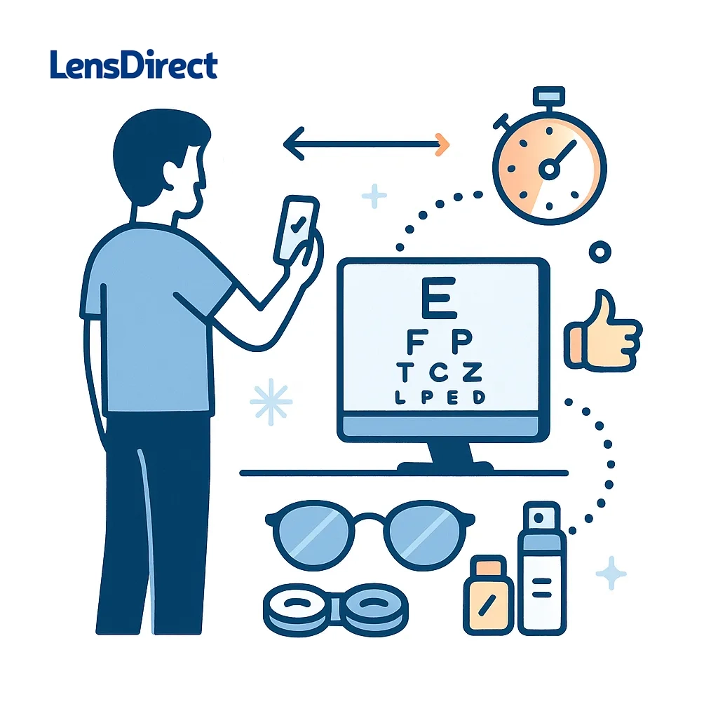 Home vision test scene where a person uses a smartphone and monitors an eye chart at a distance, stopwatch and thumbs-up icons.