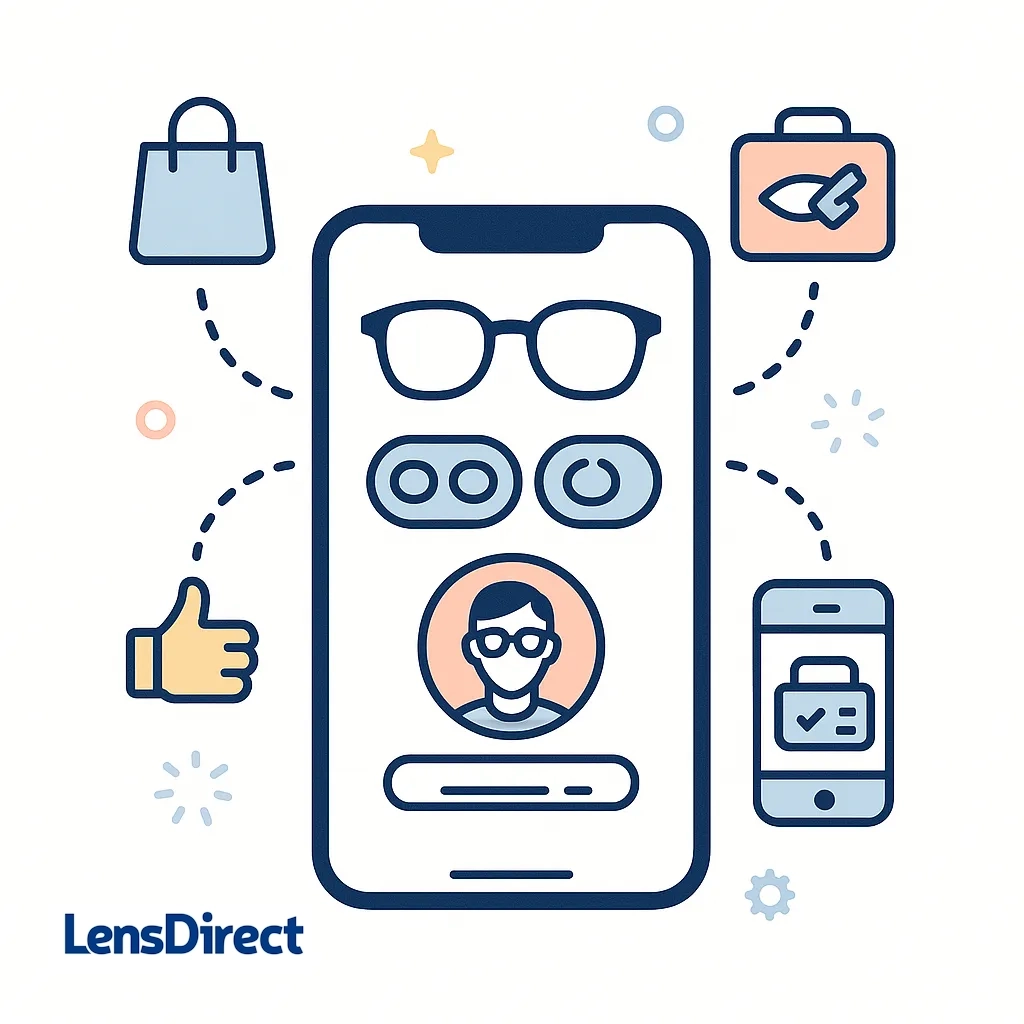 Graphic of a smartphone app with icons for glasses, contacts, virtual try-on, PD measurement, and subscription management linked by dots.