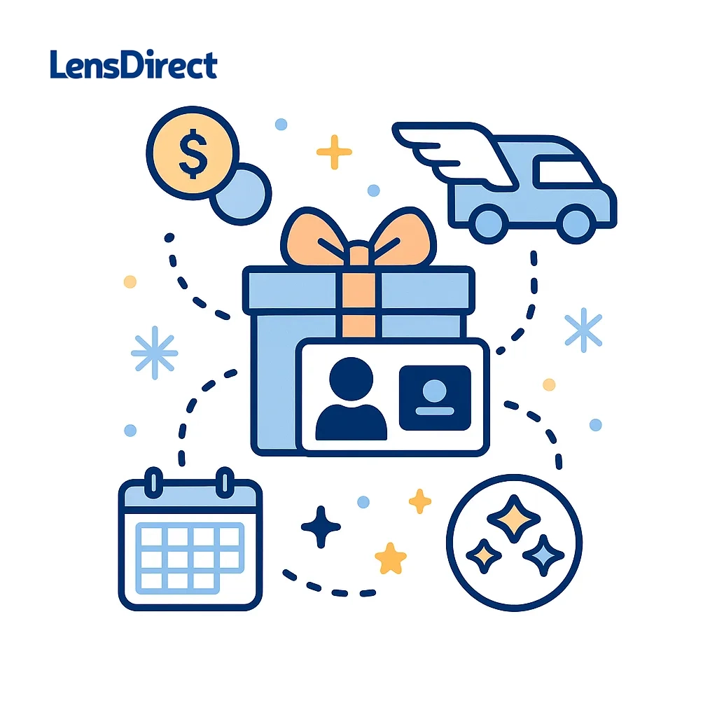 Illustration of a gift box with membership card, coins, winged delivery box, calendar, and star icons connected by dotted lines.