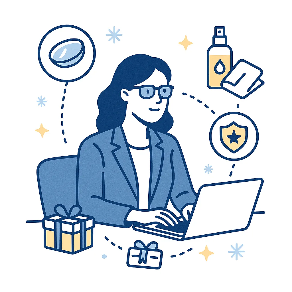 Office worker with blue light glasses at a laptop surrounded by shield, lens icons, cleaning kit, and gift boxes connected by dotted lines.