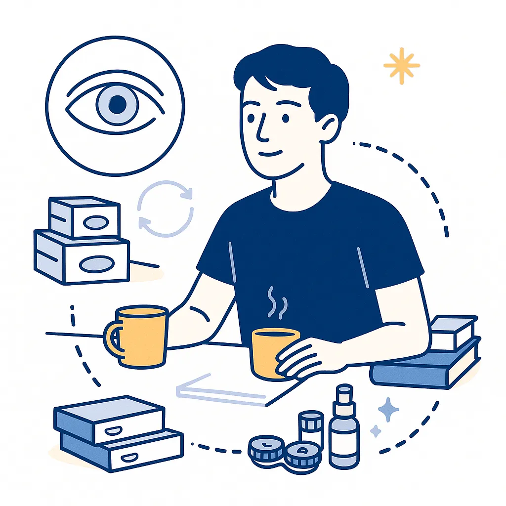 Student in a dorm with coffee and contact lens boxes; subscription arrows, spare cases and cleaning supplies linked by dotted lines.