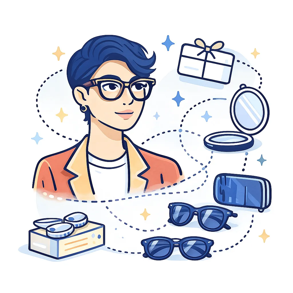 Stylish person with statement glasses, sunglasses, colored contacts, a gift card and mirror linked by dotted lines.