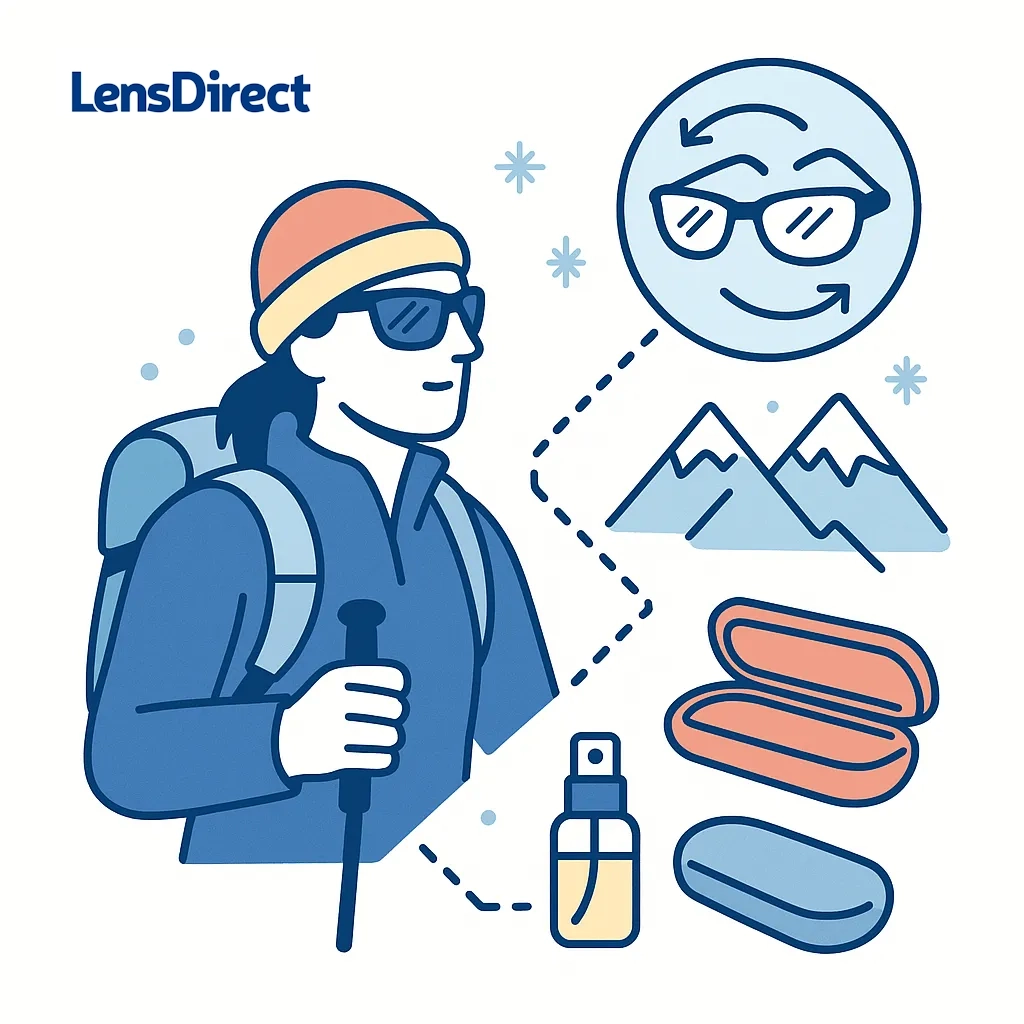 Hiker wearing sunglasses in snowy mountains with icons for lens replacement, cleaning spray, and sturdy case connected by dotted lines.