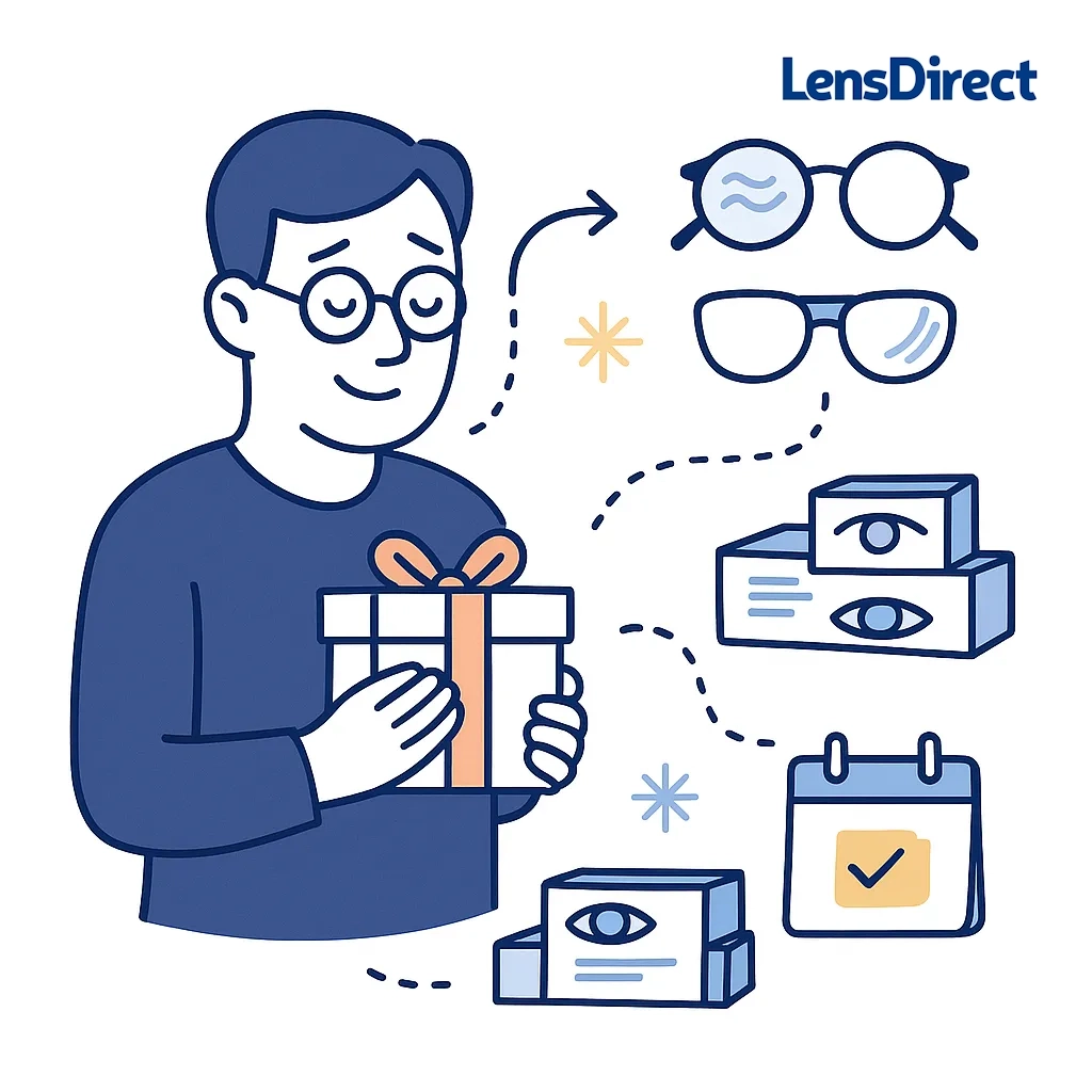 Happy parent receiving a gift with old glasses upgraded to new lenses, contact lens supplies and a subscription calendar linked by dotted lines.