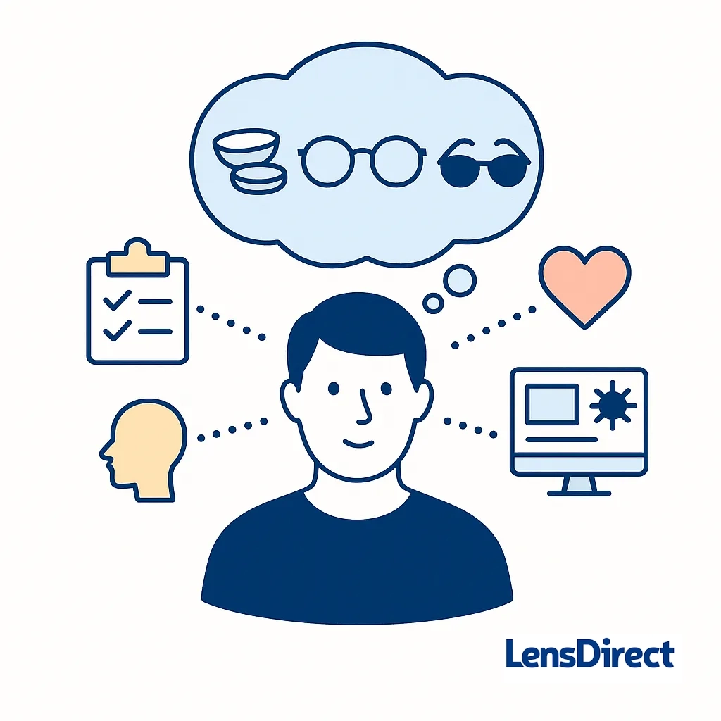 Person thinking about contacts, glasses and sunglasses; icons for practicality, fashion and screen strain linked by dotted lines.