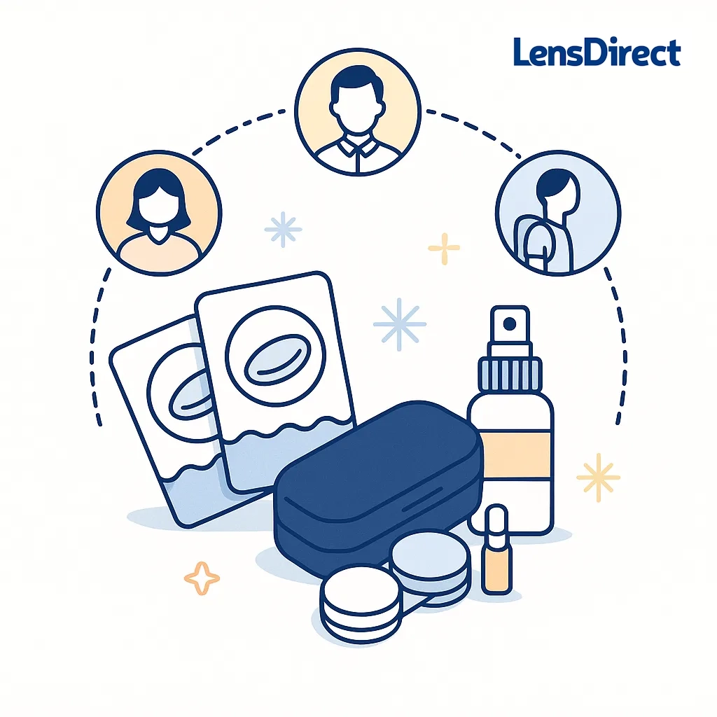 Illustration of daily contact lens blister packs with a travel kit and icons for professionals, students and travelers connected by dotted lines.