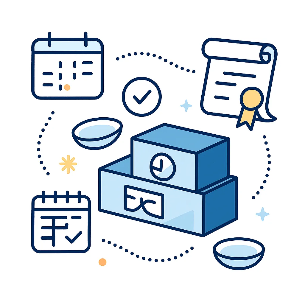 Visual of stacked monthly and bi-weekly lens boxes with calendars, schedule icons, and a ribboned certificate linked by dotted lines.