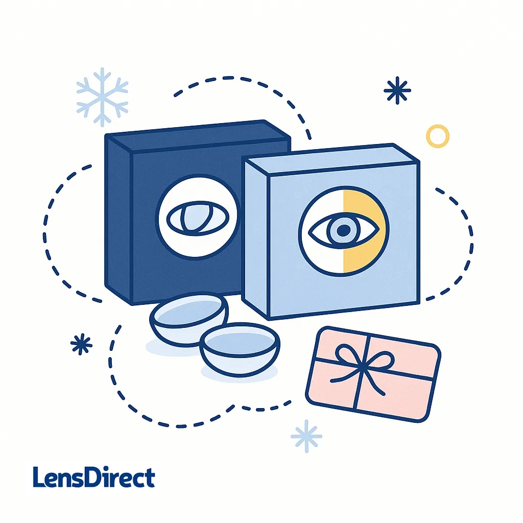 Simplified art of contact lens boxes labeled for astigmatism and multifocal prescriptions next to a gift card icon with dotted connections.