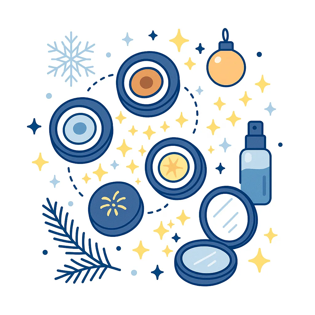 Playful scene with tinted contact lens cases, a compact mirror, spray bottle, ornaments, and sparkles arranged with dotted-line connectors.