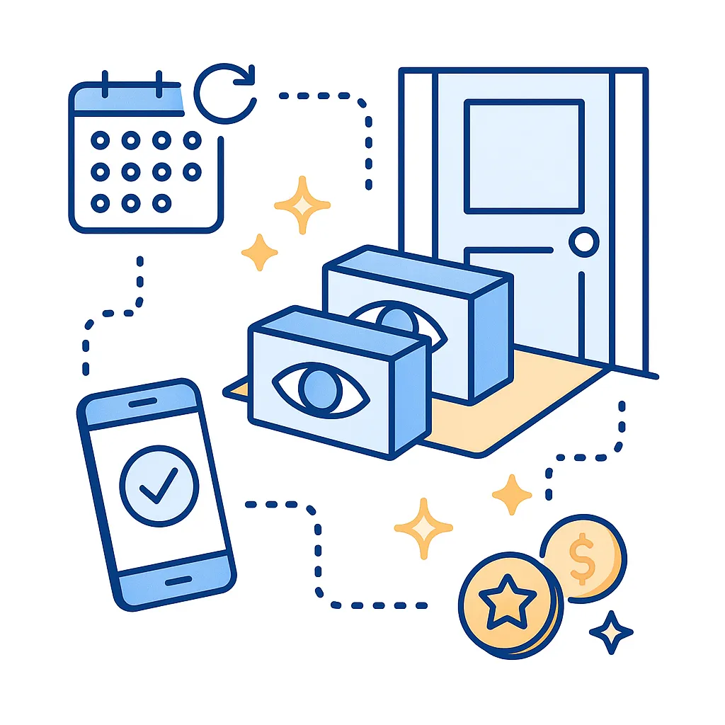 Illustration of contact lens boxes on a doorstep with a calendar, smartphone confirmation, and coin icons showing auto-refill savings.