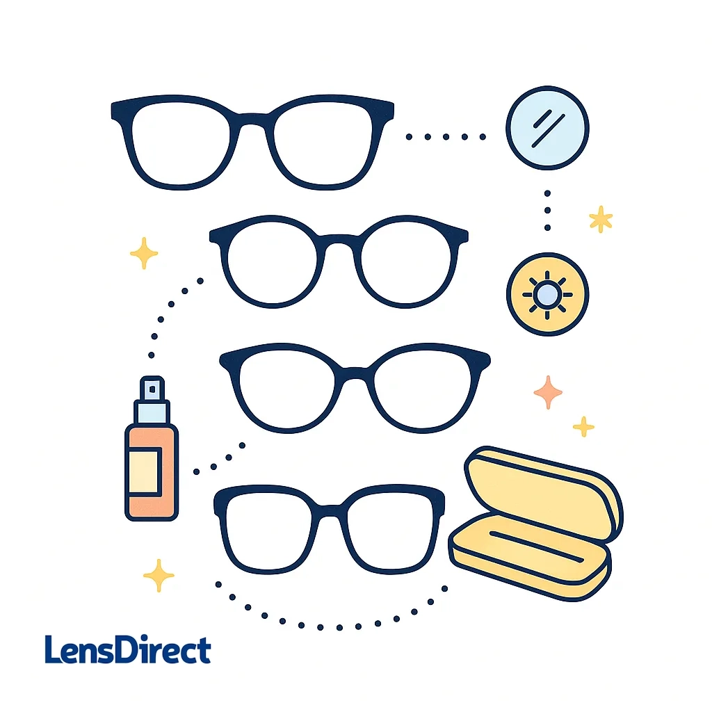 Stylish eyeglass frames with icons for lens coatings, blue light filtering, cleaning kit and travel case connected by dotted lines.