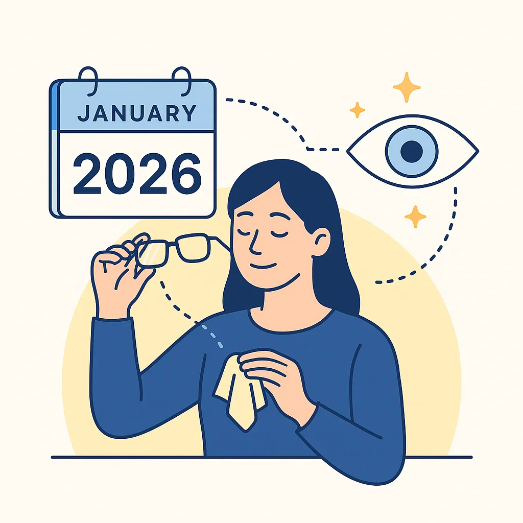 Person cleaning glasses with a January 2026 calendar flipping nearby to symbolize a fresh start and eye care resolutions.