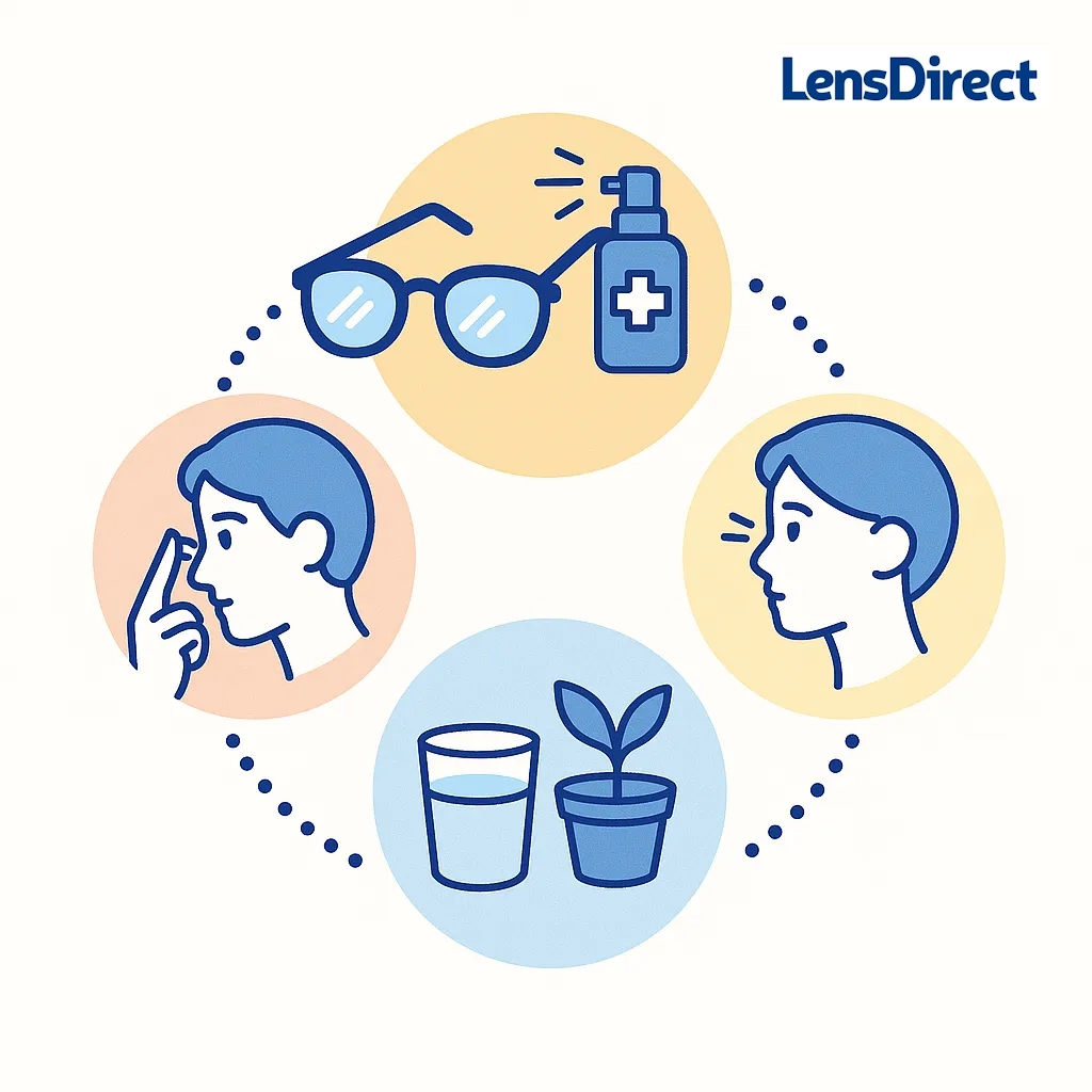 Circular flow of icons for cleaning lenses, taking breaks, humidifying air and ensuring proper eyewear fit connected by dotted arrows.