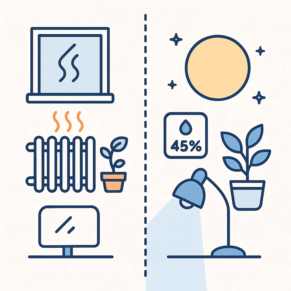 Side‑by‑side comparison showing dry air and glare versus a humidified, well‑lit space with plants to emphasize comfortable eye conditions.