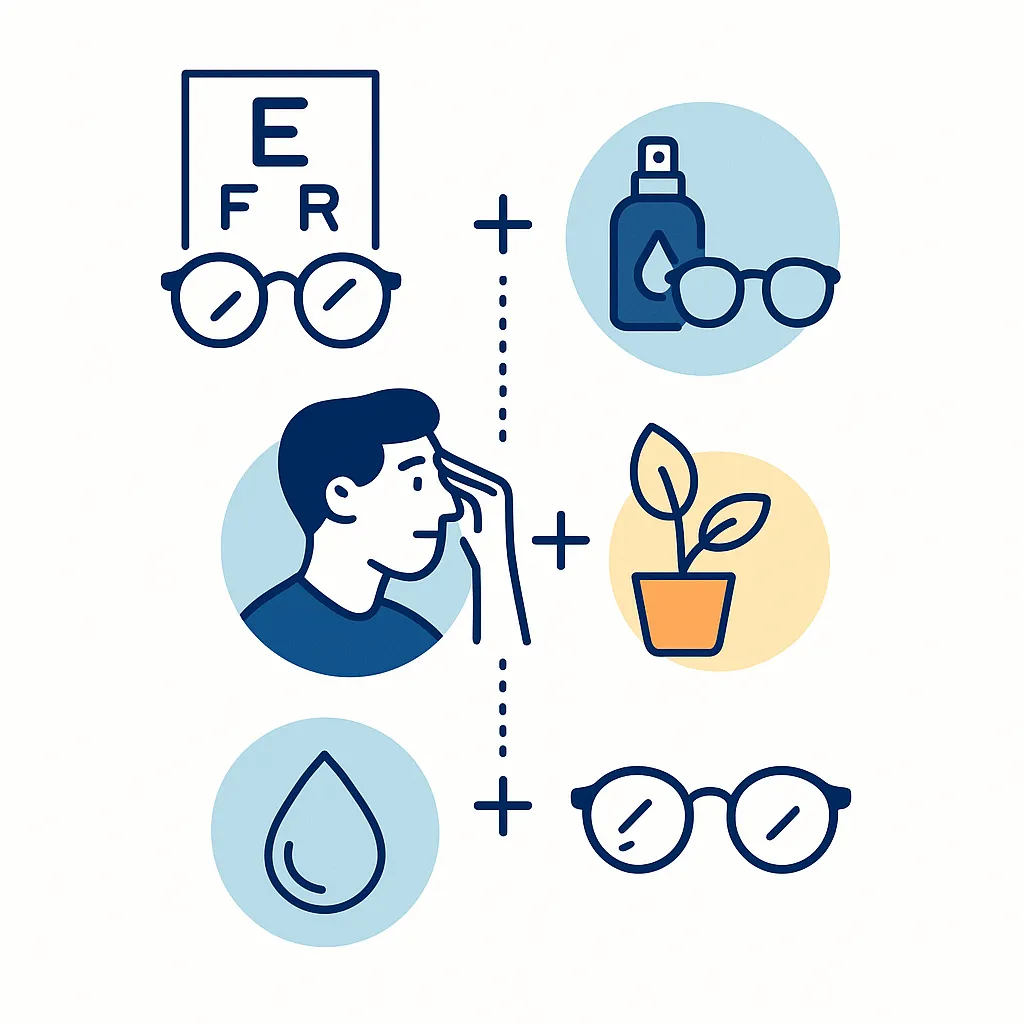Vertical arrangement of icons showing breaks, lens cleaning, proper fit, noticing strain and updating prescriptions, connected by dotted lines.