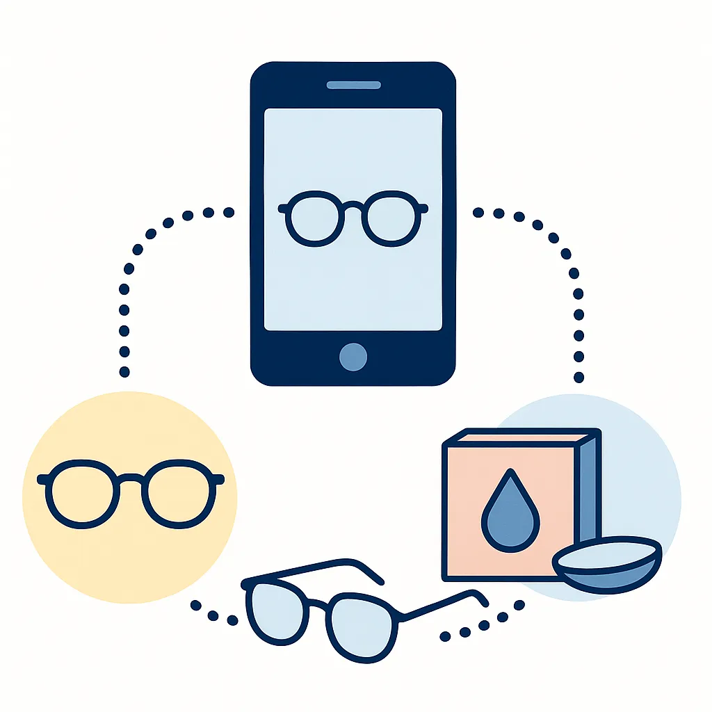 Smartphone ordering glasses and contact lenses with dotted‑line paths to delivered eyewear and lenses, representing streamlined eye care shopping.