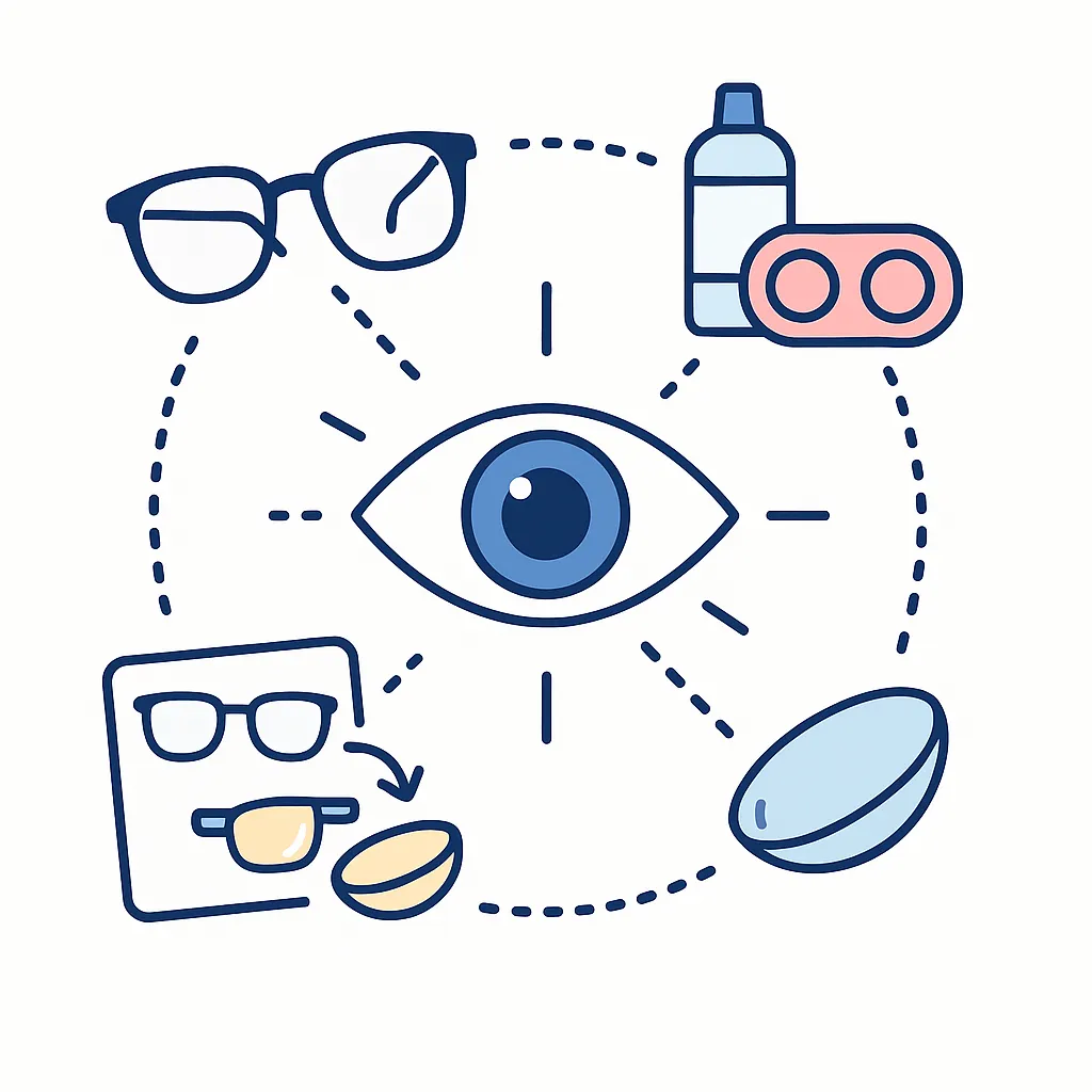 Central eye icon surrounded by glasses, lens case, solution bottle and replacement icons connected by dotted lines showing comprehensive services.