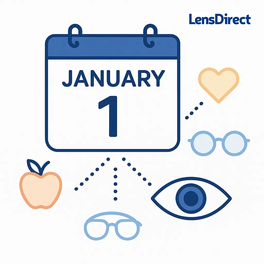 January calendar with health and eye care icons connected by dotted lines to emphasize a natural reset moment.