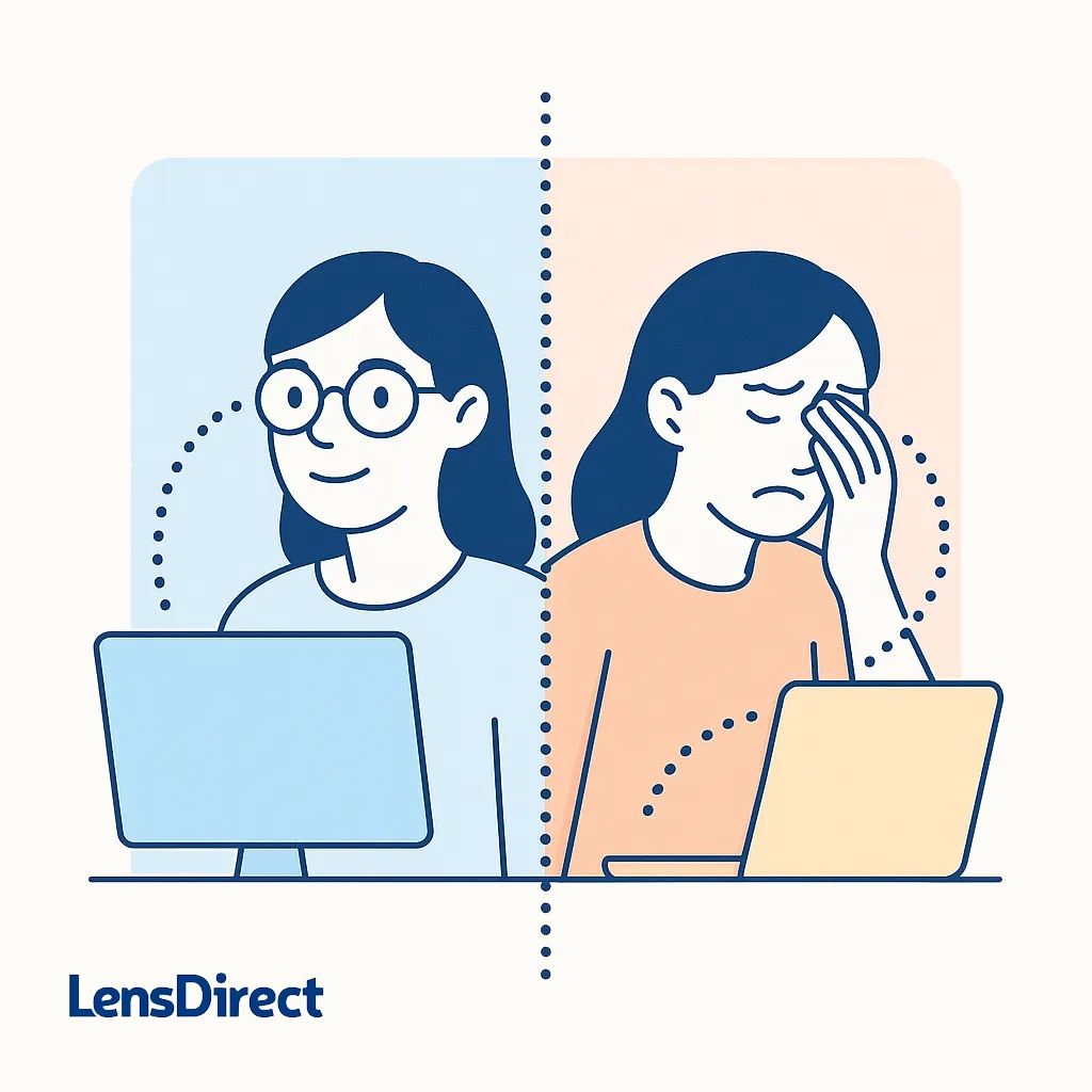 Split‑screen showing a person working comfortably and then experiencing eye strain, highlighting gradual vision changes.