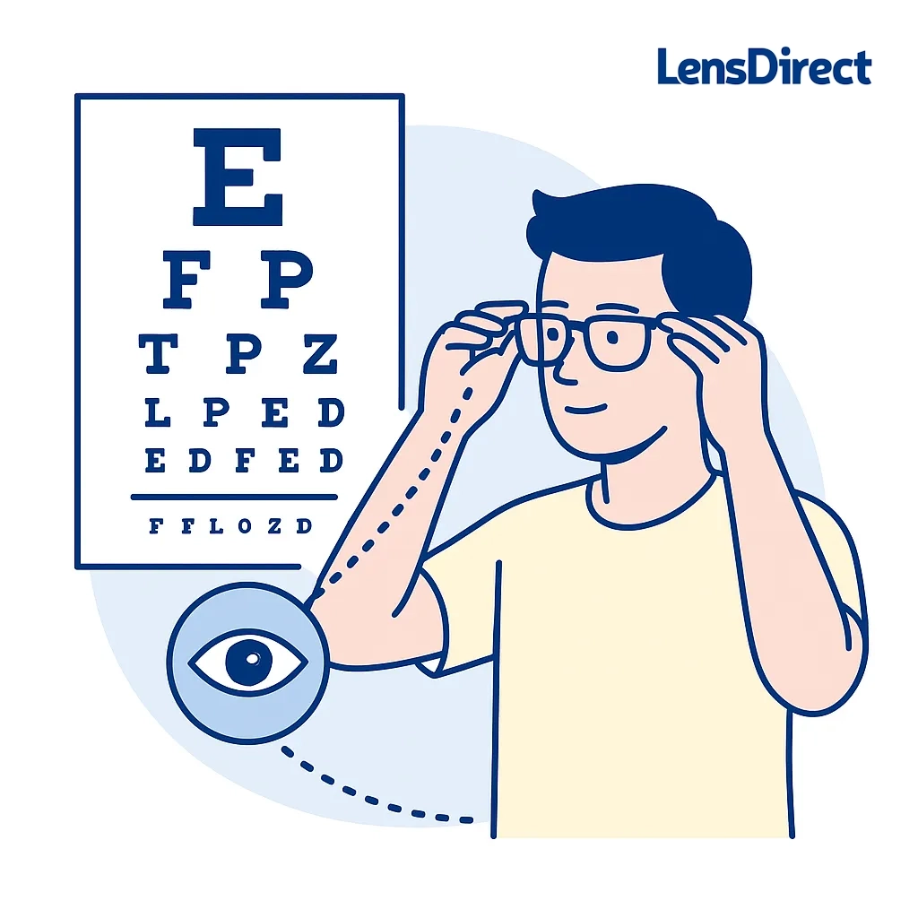 Person adjusting glasses while looking at an eye chart connected with dotted lines to establish a clear baseline.