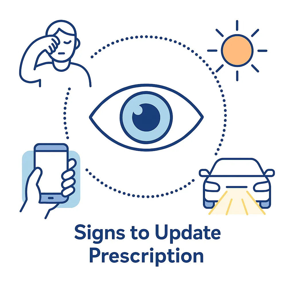 Central eye with icons for strain, glare, night driving and holding a phone far away to signal a prescription update.
