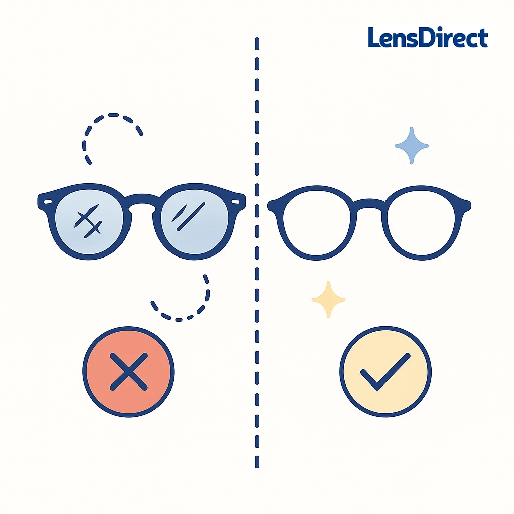 Comparison of scratched, misaligned glasses versus clean, properly fitting glasses, highlighted with dotted lines.