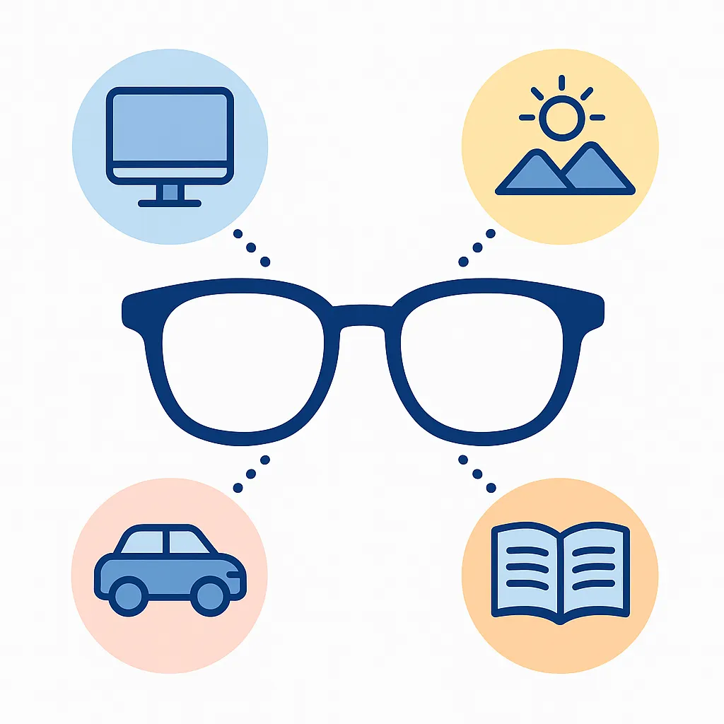 Glasses connected by dotted lines to icons of digital screens, outdoor scenes, driving and reading to show everyday versatility.