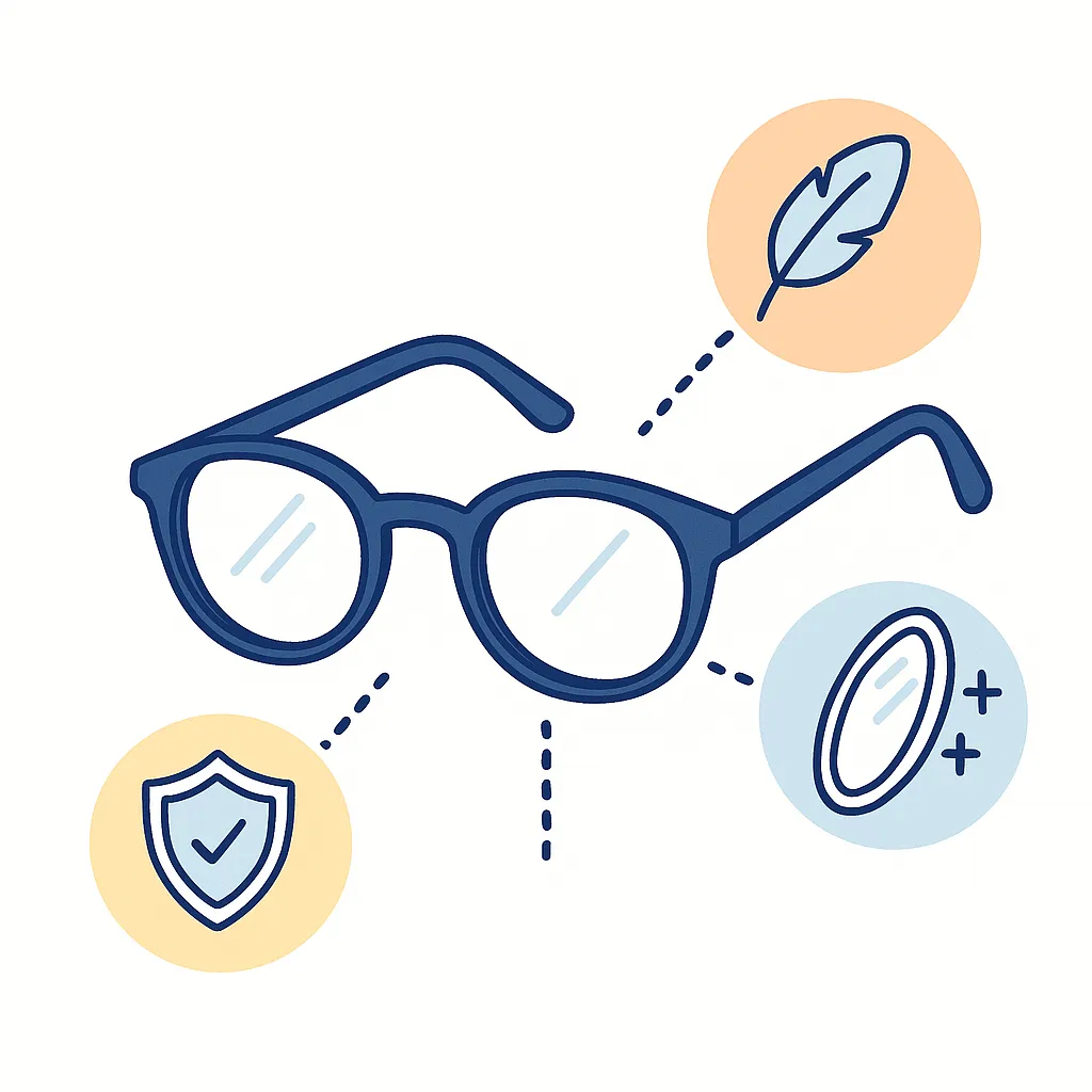 Stylish glasses surrounded by feather, shield and anti‑glare icons, connected by dotted lines to show lightweight frames and durability.