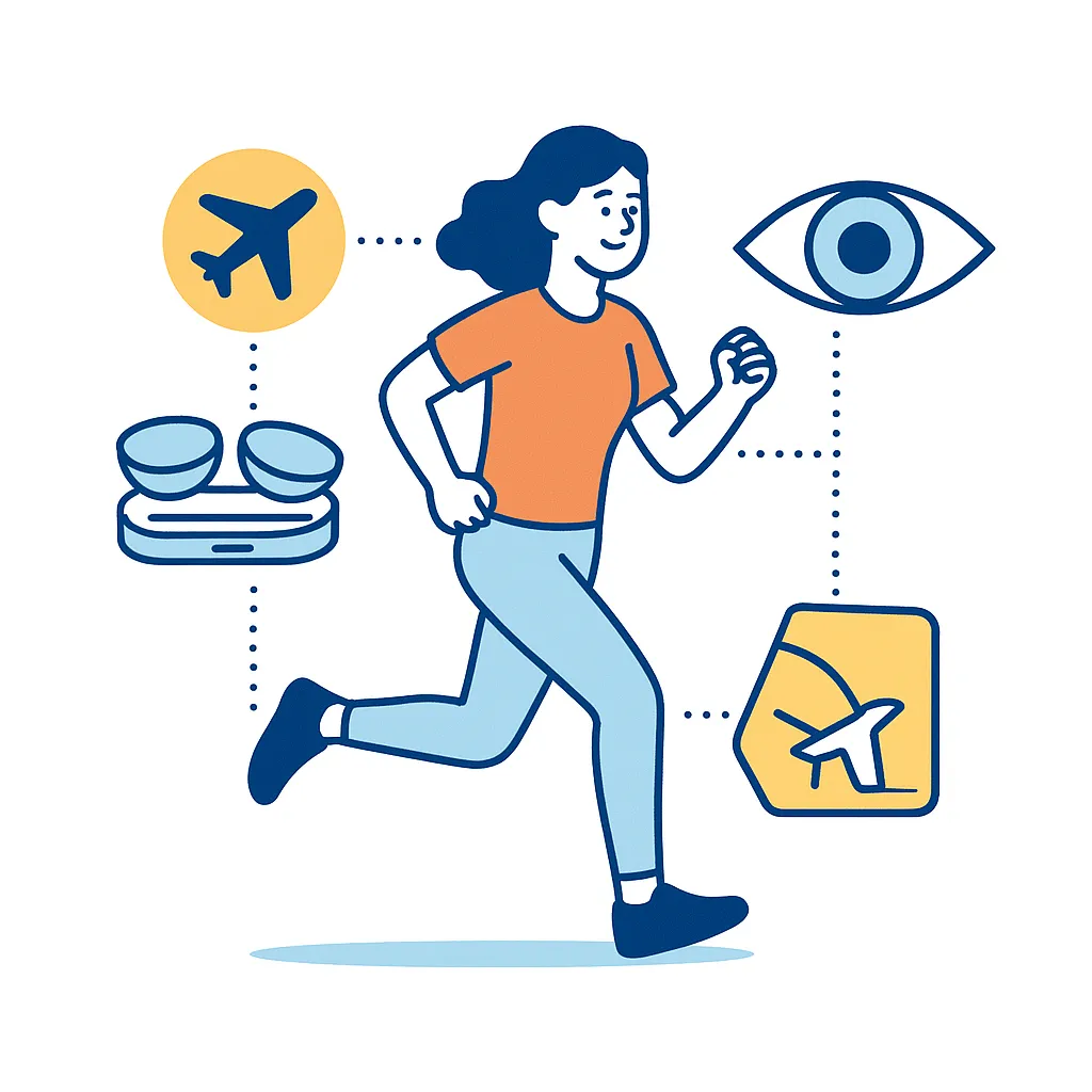 Person jogging with contact lens case, lenses and travel icons connected by dotted lines to illustrate flexibility and freedom.